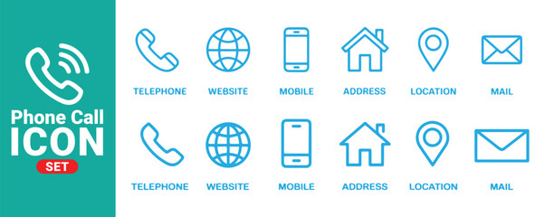 phone call icon set. collection of telephone website mobile address location mail contact symbols