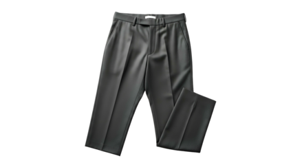 Flat lay of dark grey, pleated trousers with a straight leg. Isolated on a black background