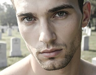 Contemplative young man's intense gaze in a graveyard, introspective and emotional