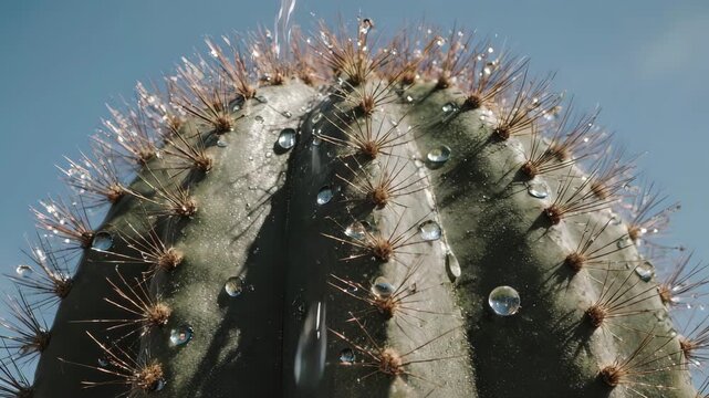 Cactus Beauty - Close-Up of a Thirsty Desert Plant with Water Droplets.