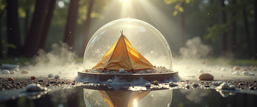 Glass dome protecting orange camping tent surrounded by misty forest  