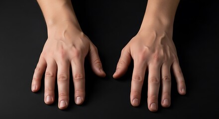 Two Caucasian hands with prominent veins are positioned flat against a dark background.