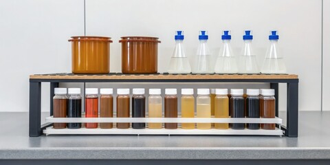 Gas Leak Laboratory shelf displaying various containers and flasks filled with liquids.