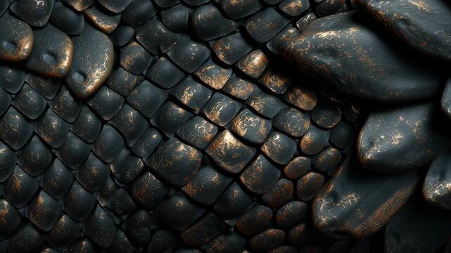 Close-up of dark textured dragon scales with rough patterns and metallic highlights, creating a strong fantasy background with a detailed reptile look.