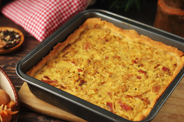 Zwiebelkuchen, a pie with onion and bacon, traditional German dish	