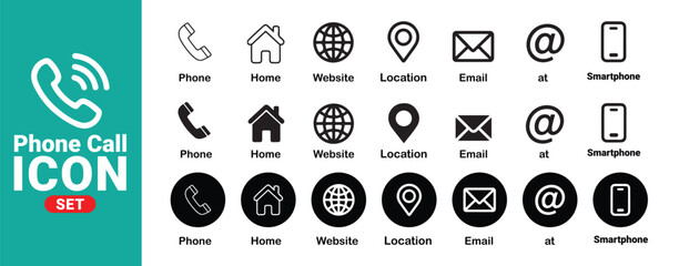 Phone call icon set outline black home website location email smartphone at social media symbols