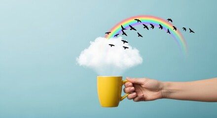 Fototapeta premium A vibrant yellow mug overflows with a fluffy white cloud from which a flock of birds flies towards a colorful rainbow against a tranquil blue background