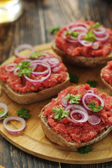 Traditional German sandwiches with minced meat Mettbroetchen	