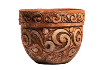 Close-up of ornate, terracotta plant pot with etched swirling patterns against a black backdrop
