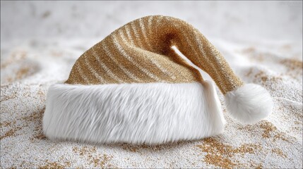 Golden glittery Christmas hat with white fur trim, resting on a soft sandy surface, creating a festive and cheerful atmosphere for holiday celebrations and winter festivities