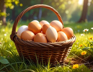 Basket of Easter Eggs on Green Grass - A Symbol of Spring and New Beginnings