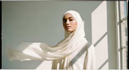 Serene young Muslim woman in white hijab, bathed in soft window light.