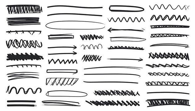 Black hand-drawn line elements in various shapes, styles, and sizes, including straight, wavy, and arrow designs