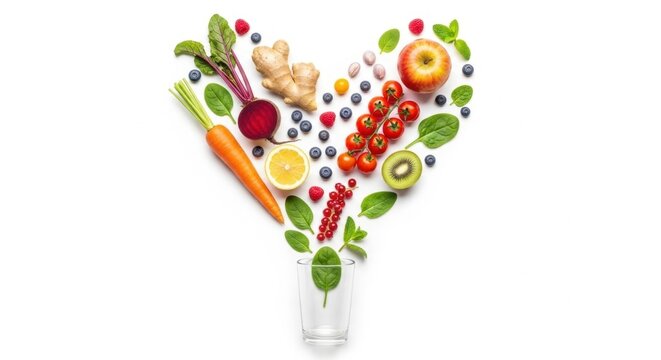 Heart-shaped display of fresh, wholesome fruits and vegetables, promoting balanced nutrition, healthy eating habits, and overall wellness