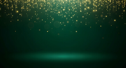 Luxurious shimmering golden particles falling onto a dark emerald green stage with a soft spotlight effect for an awards ceremony