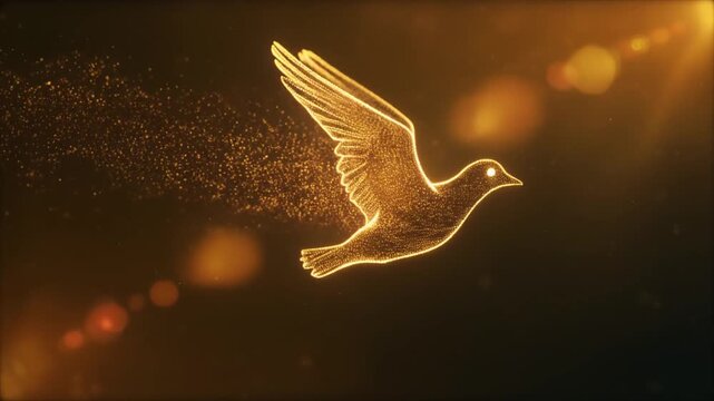 Ethereal golden dove of peace and hope soaring through a magical light-filled space, representing freedom and spirituality