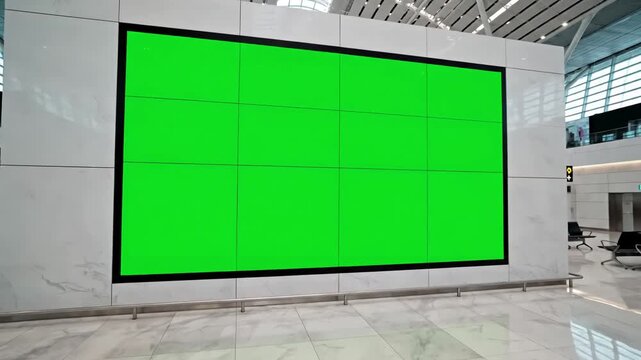 Sleek Concourse Advertising Panel with airport hall billboard mock up green screen alpha channel business concept indoor board empty frame chroma key distortion, overlay, glitch, static noise, scan