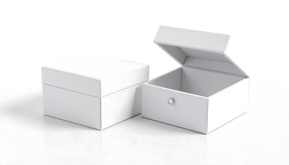 Two square, white, empty boxes. One lid is closed; the other is ajar, revealing the interior. The boxes sit on a white surface