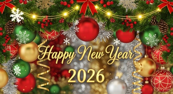 Festive happy new year 2026 greeting with sparkling lights colorful balloons ornaments snowflakes and pine branches celebrating the upcoming year with joy and cheer