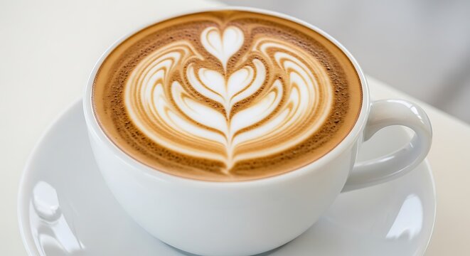 White cup of coffee with intricate latte art design sits on a saucer.