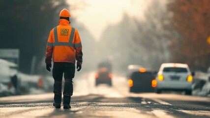 Video A person wearing an orange jacket walking down a city street, possibly on their way to work or heading out for the day
