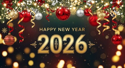 Festive and sparkling new year 2026 celebration with glowing lights red and silver ornaments and golden confetti creating a magical holiday atmosphere