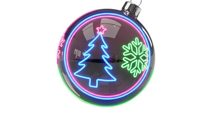 Modern Dark Christmas Ornament 3D Render with Glowing Neon Christmas Tree and Snowflake