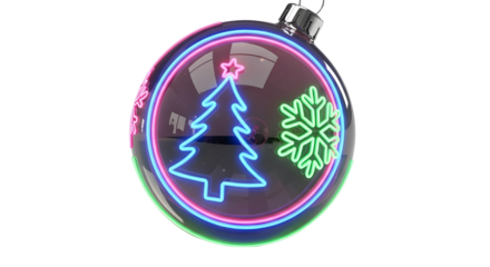 Modern Dark Christmas Ornament 3D Render with Glowing Neon Christmas Tree and Snowflake