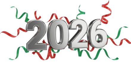 Silver Metallic 3D Text 2026 Surrounded by Red and Green Curly Ribbons Isolated