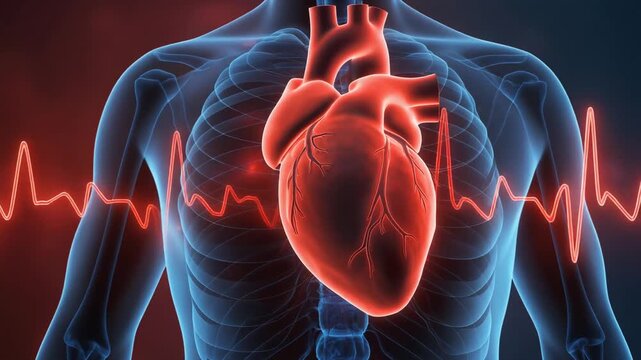 Vibrant 3D rendering of the human heart, accompanied by an active ECG line, conceptualizing health, life, and the importance of cardiovascular care