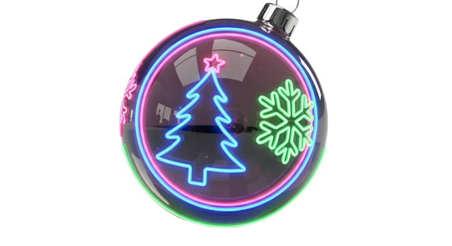 Modern Dark Christmas Ornament 3D Render with Glowing Neon Christmas Tree and Snowflake