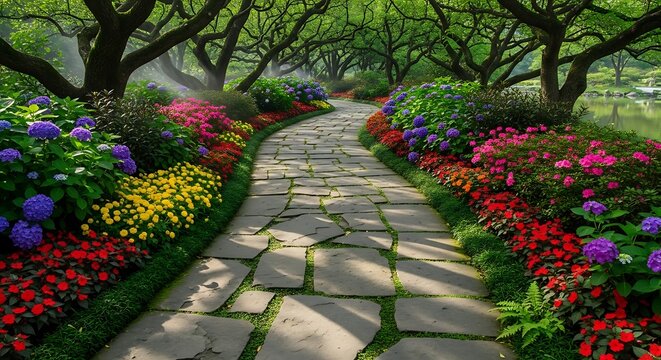 Curved stone path winds through a vibrant garden under lush green trees.