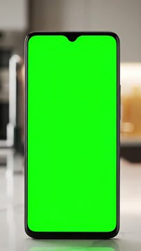 Home Integration with young hands woman holding use smartphone vertical green screen mobile phone background kitchen technology information communication device business girl cellphone display slow
