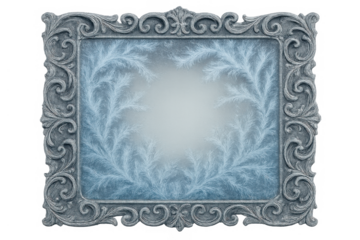 Ornate vintage frame with intricate frost patterns creating a cold winter border on a transparent background