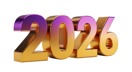 Glossy Metallic 2026 3D Render with Purple and Golden Gradient Isolated on White