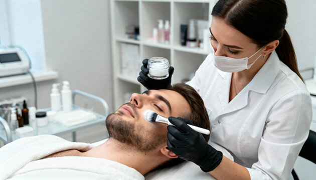 Male client receiving facial treatment from a female esthetician in a modern spa, showcasing skincare application techniques and a serene atmosphere for relaxation and rejuvenation