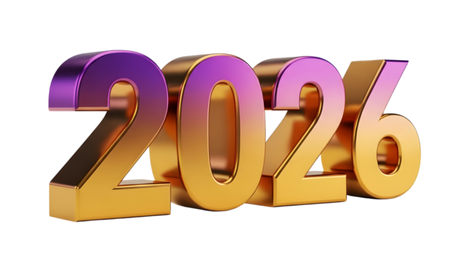 Glossy Metallic 2026 3D Render with Purple and Golden Gradient Isolated on White