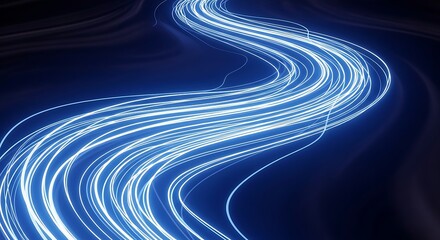 Abstract glowing blue light trails on dark background energy flow