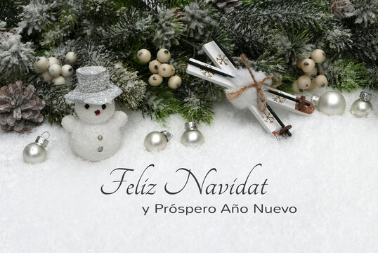 Tarjeta de Navidad con saludos de A&ntilde;o Nuevo: decoraci&oacute;n navide&ntilde;a con mu&ntilde;eco de nieve, esqu&iacute;s y ramas de abeto sobre un fondo invernal con el texto Feliz Navidad y Pr&oacute;spero A&ntilde;o Nuevo.