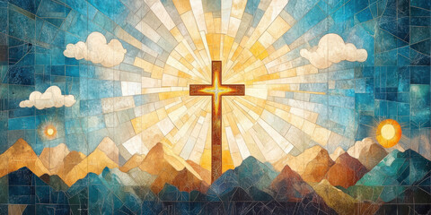 Cross in radiant light &ndash; Christian stained glass symbolizing faith, hope, and spirituality. AI generative.