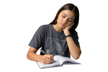 Isolated bored young woman writing in notebook focused on studying