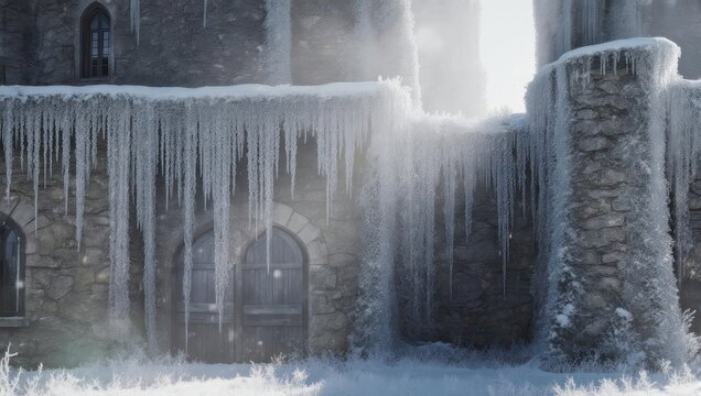 Winter sunlight illuminates a medieval castle encased in ice.