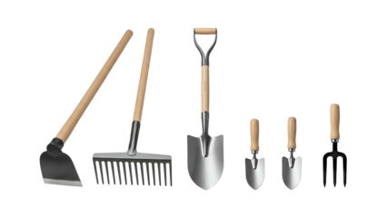 Collection of gardening tools, including a hoe, rake, shovels, and trowels, on a black backdrop