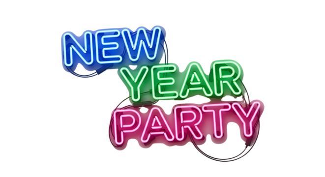 Bright Colorful 'NEW YEAR PARTY' Neon Sign Text Isolated on White Background