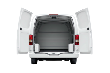 A white cargo van with open rear doors, revealing an empty interior and a black background
