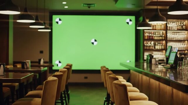Chroma Key Display with wide fixed model released fans watching a game on large tv in sport pub green screen tracking points shot arri alexa mini atlas orion 2x anamorphic lens distortion, overlay