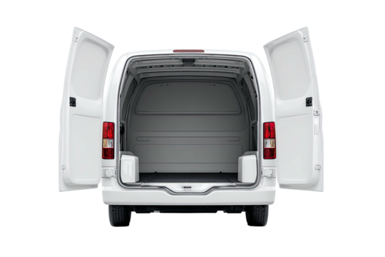 A white cargo van with open rear doors, revealing an empty interior and a black background
