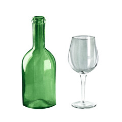 Green glass empty bottle without a cap and an empty clean glass for wine. Glassware clipart. Hand drawn watercolor illustration for food or drink-themed design, posters, scrapbooking, packaging, menu