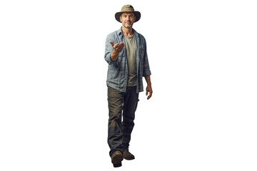Isolated farmer man in safari hat walking forward with welcoming hand gesture