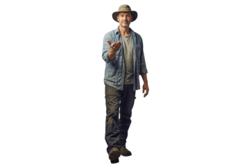 Isolated farmer man in safari hat walking forward with welcoming hand gesture